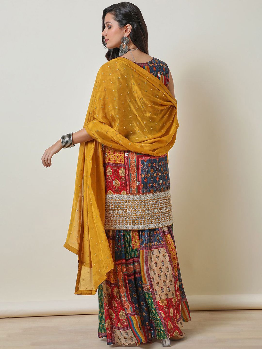 Dhiyona SO Women's Mustard Yellow Ethnic Motifs Printed Zari Straight Kurta With Sharara & Dupatta
