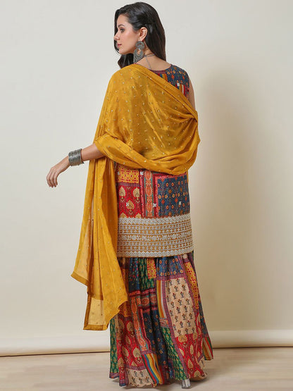 Dhiyona SO Women's Mustard Yellow Ethnic Motifs Printed Zari Straight Kurta With Sharara & Dupatta