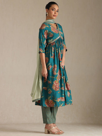Dhiyona SO Women's Floral Printed V-Neck Sequinned Empire Anarkali Kurta With Trousers & Dupatta