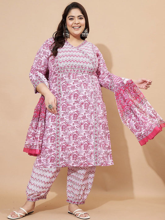 Dhiyona KL Floral Printed Regular Pure Cotton Straight Kurta With Trousers & Dupatta