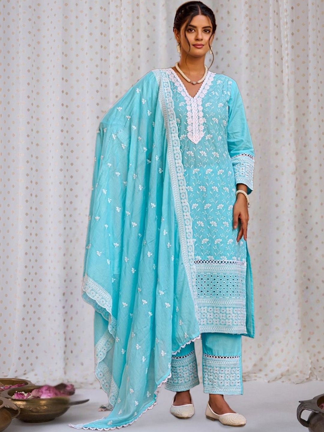 Dhiyona IE Women Ethnic Motifs Embroidered Regular Chikankari Pure Cotton Kurta with Trousers & With Dupatta