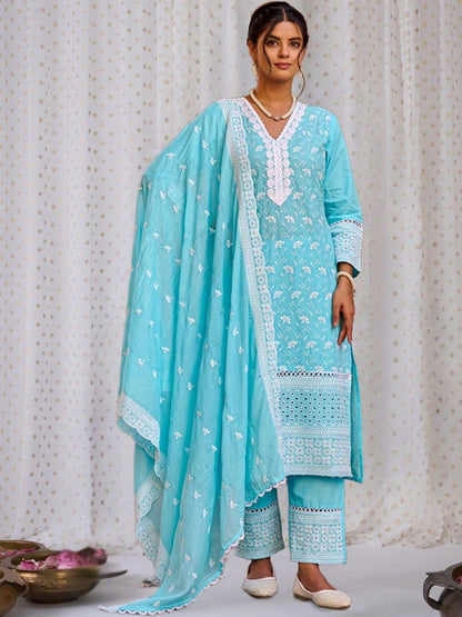 Women Ethnic Motifs Embroidered Regular Chikankari Pure Cotton Kurta with Trousers & With Dupatta