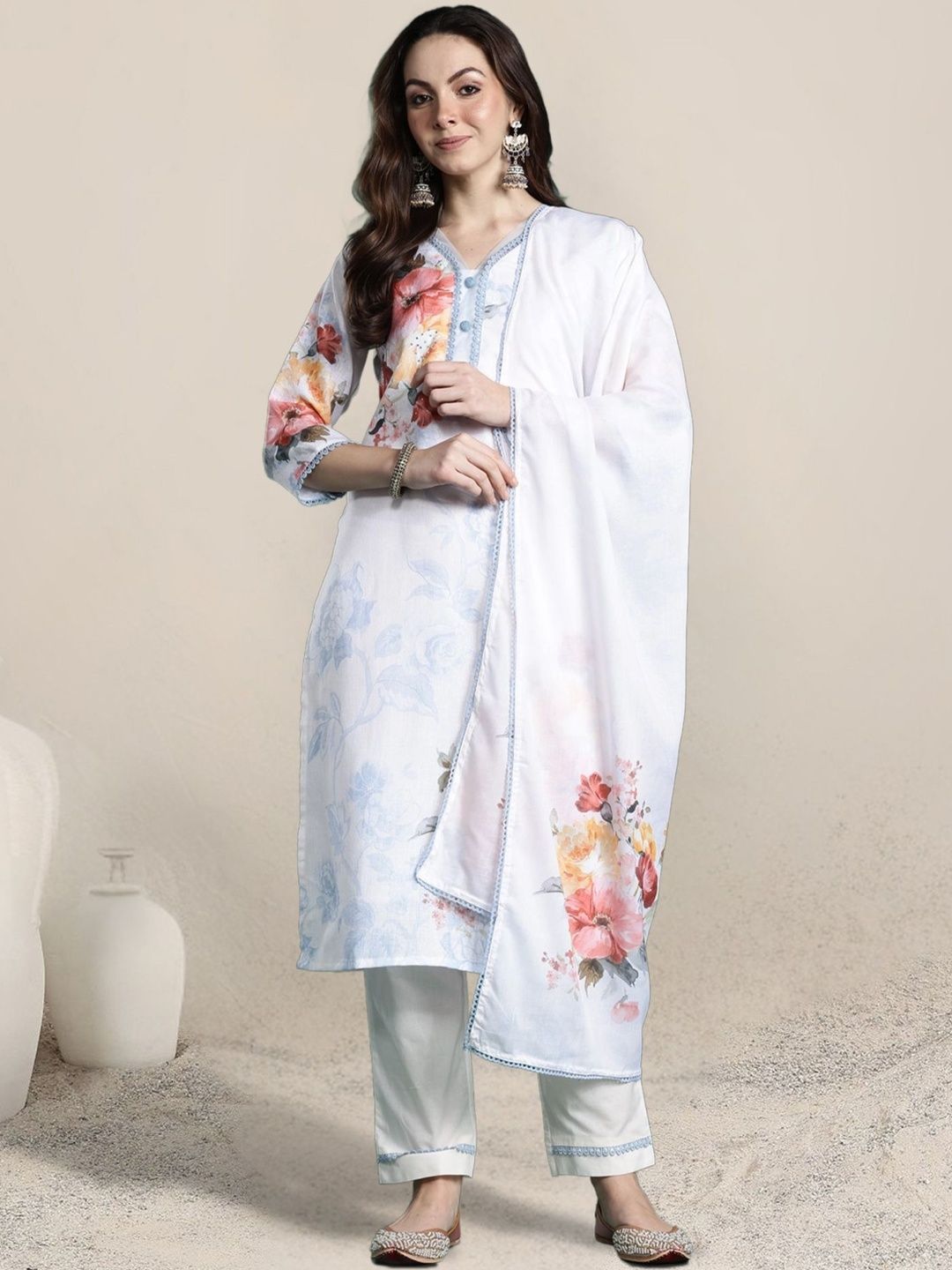 Dhiyona IE Women Floral Printed Regular Linen Kurta with Trousers & With Dupatta