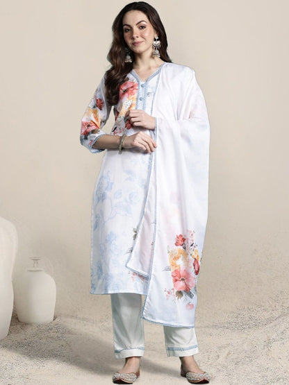 Women Floral Printed Regular Linen Kurta with Trousers & With Dupatta