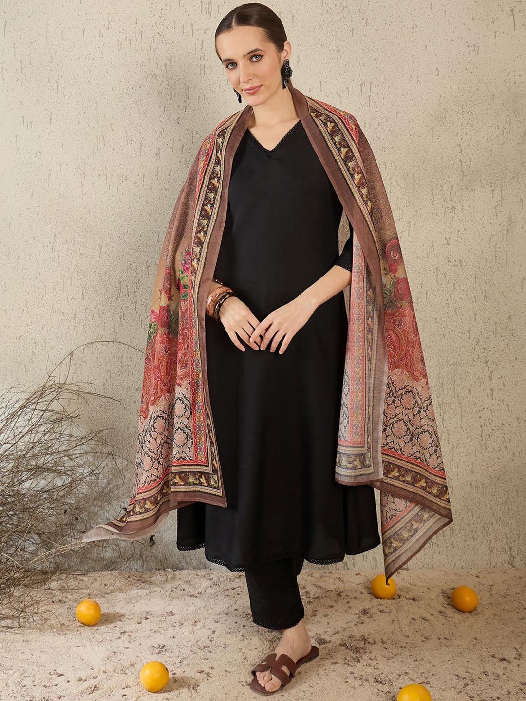 V-Neck A-Line Kurta With Trousers & Dupatta