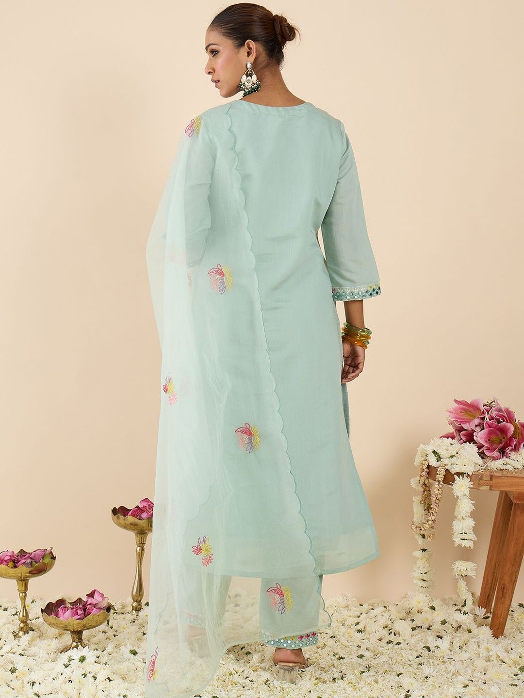 Women Floral Embroidered Regular Mirror Work Kurta with Trousers & With Dupatta