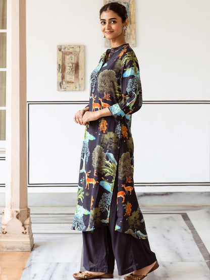 Dhiyona IS Women's Floral Printed Round Neck Three Quarter Sleeves Straight Kurta With Palazzos