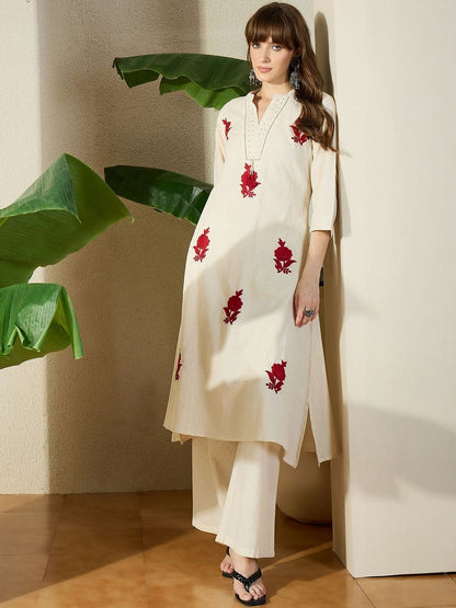 Women Pure Cotton Floral Embroidered Thread Work Pure Cotton Kurta with Palazzos