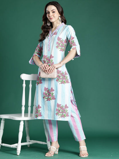 Dhiyona IE Indo era Printed Pure Cotton V Neck Top With Trousers Co-Ords Set