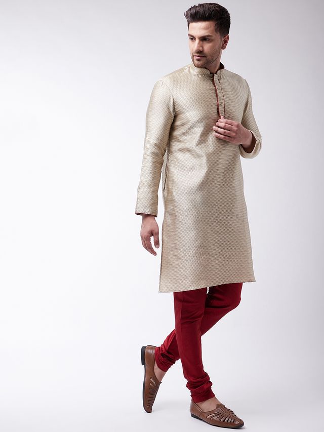 Men's Beige Silk Blend Straight Kurta Pyjama Set