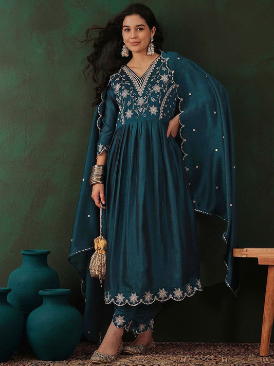 Dhiyona SN Women's Teal Floral Embroidered V-Neck Tread Work Anarkali Kurta & Trouser With Dupatta