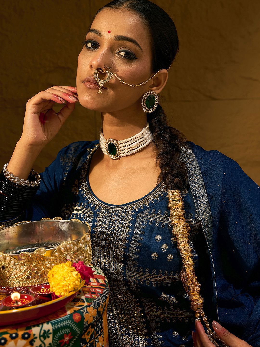 Ethnic Motifs Embroidered Zari Straight Kurta with Trousers & Dupatta