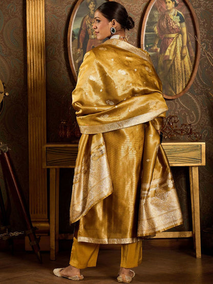 Ethnic Motifs Woven Design Zari Straight Kurta With Trousers & Dupatta