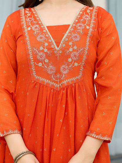 Dhiyona KL Women Floral Embroidered Silk Chiffon Kurta with Trousers & Dupatta