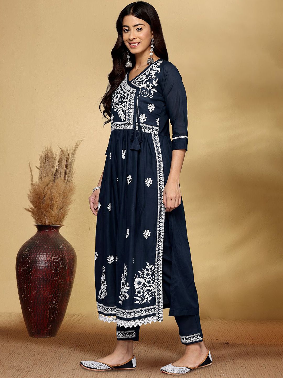 Dhiyona PD Women Floral Embroidered V-Neck A-Line Kurta With Trousers And Dupatta