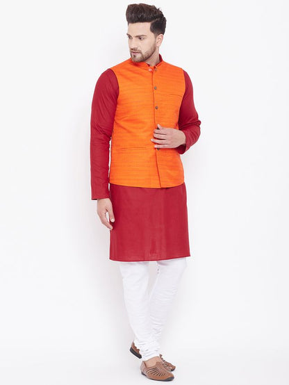 Men's Maroon Cotton Blend Straight Jacket  Kurta and Pyjama Set
