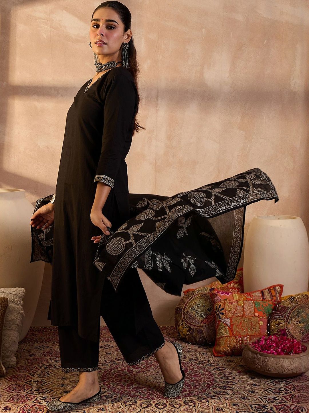 Women Solid Cotton Kurta with Trousers & Dupatta