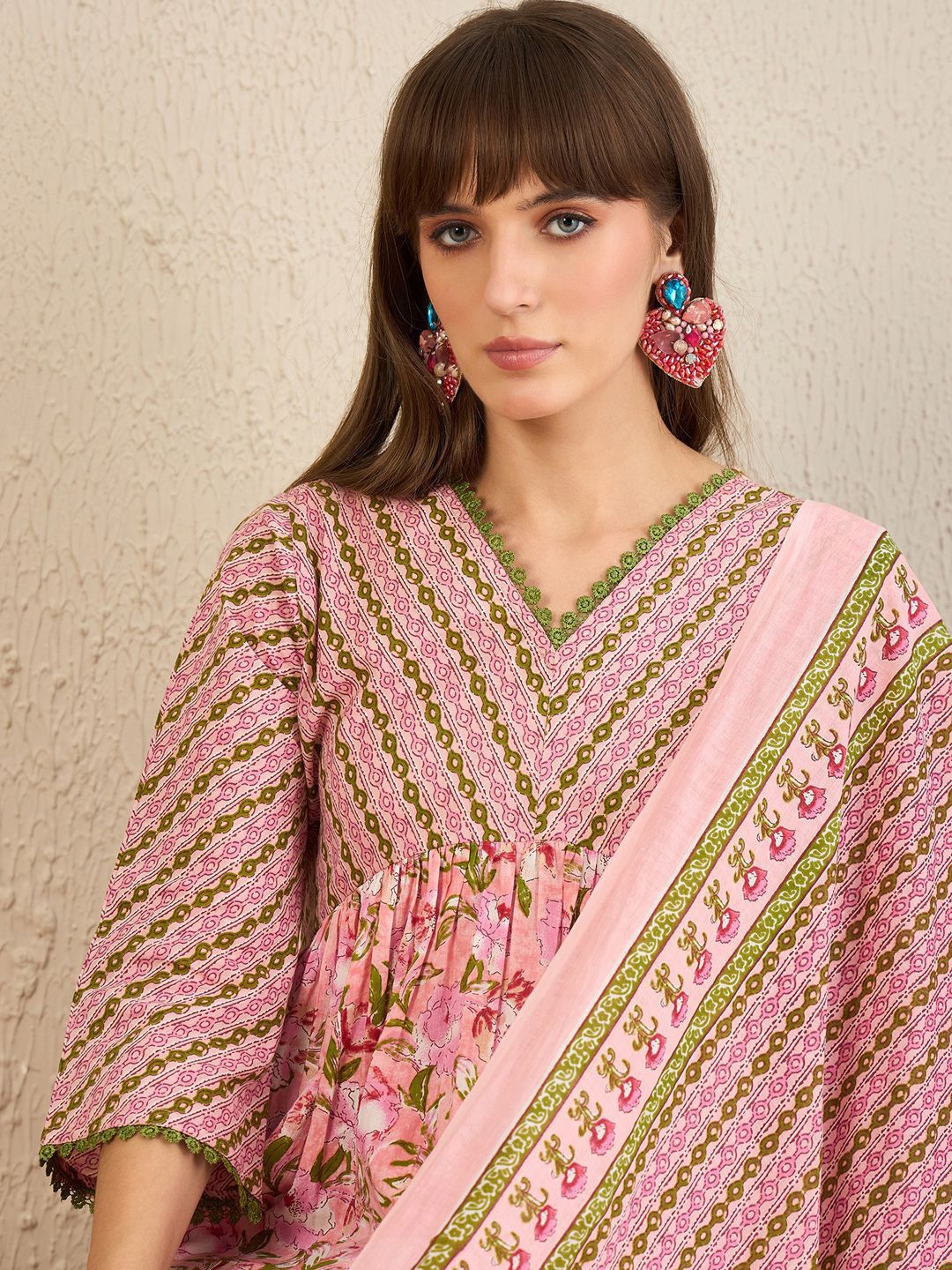 Dhiyona IE Floral Printed Empire Pure Cotton A-Line Kurta With Trousers & Dupatta