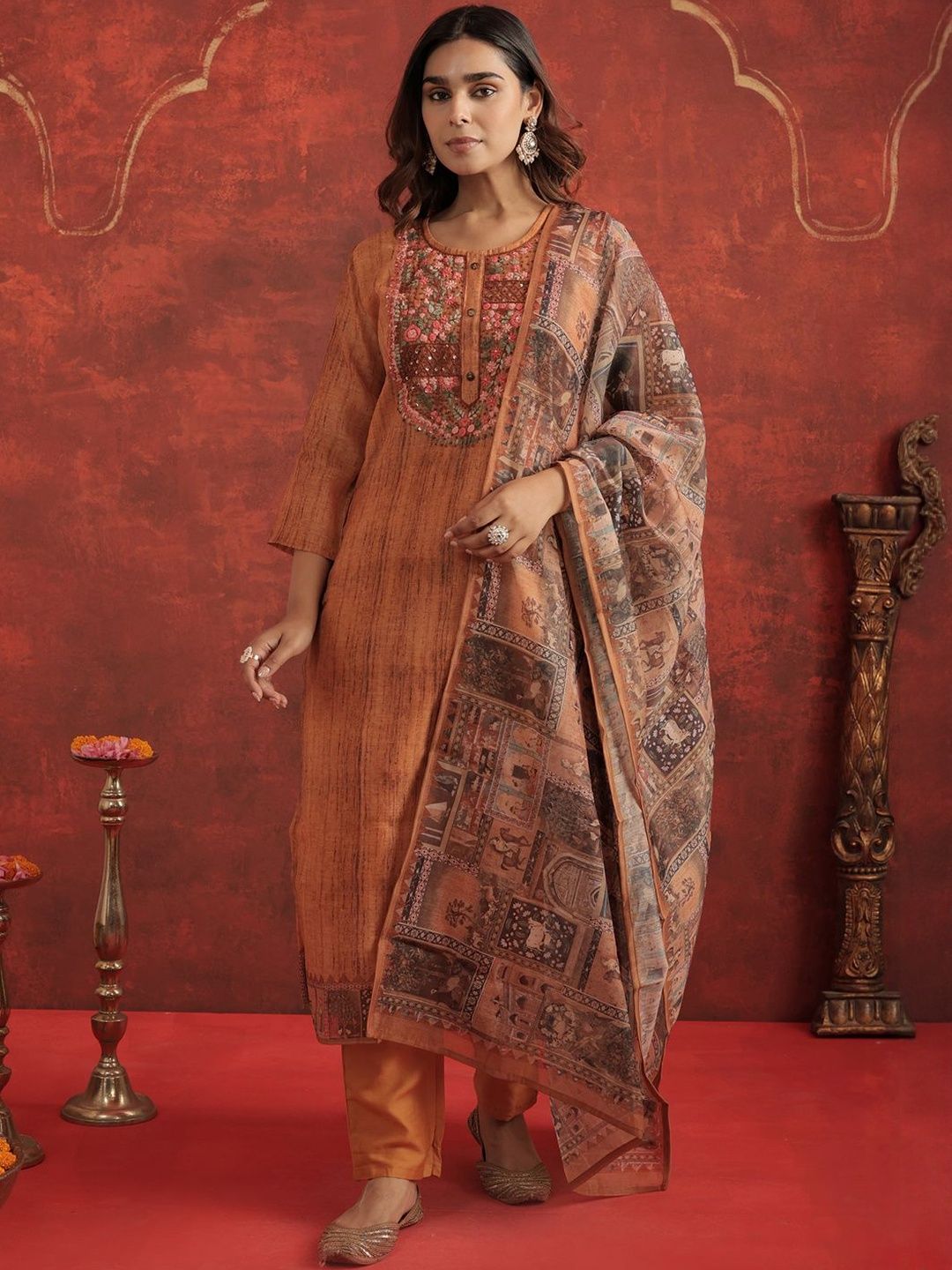 Ethnic Motifs Chanderi Cotton Round Neck Straight Kurta With Trousers & Dupatta