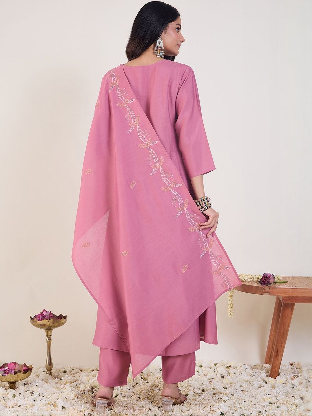 Floral Embroidered Thread Work A-Line Kurta & Trousers With Dupatta