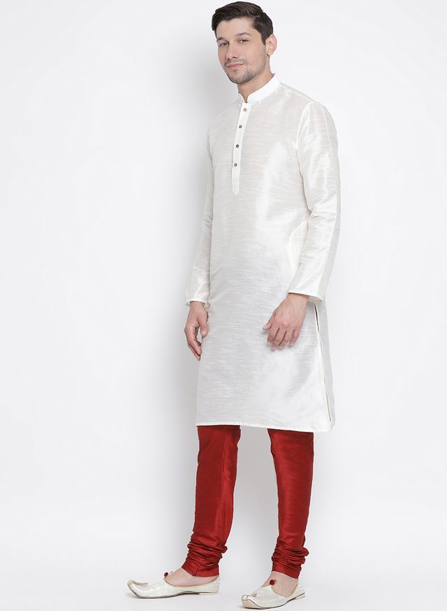 Men's Cream Silk Blend Straight Kurta Pyjama Set