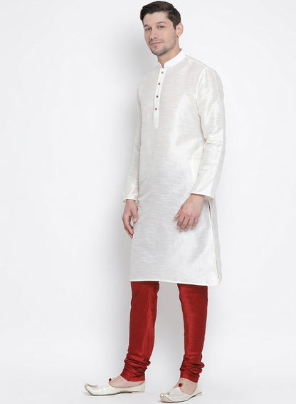 Men's Cream Silk Blend Straight Kurta Pyjama Set