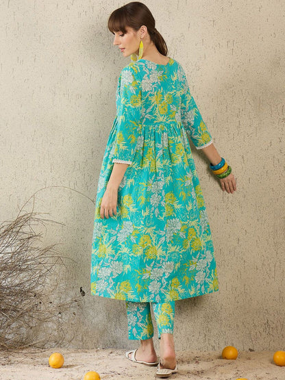 Floral Printed Regular Pure Cotton A-Line Kurta With Trousers
