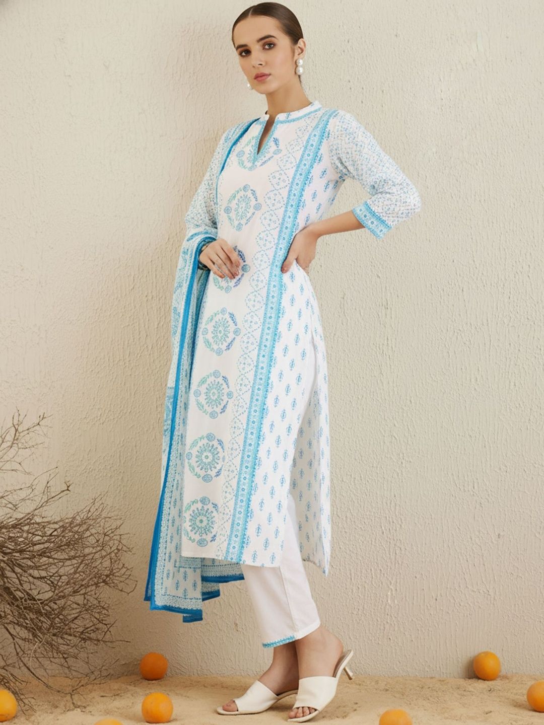 Dhiyona IE Ethnic Motifs Printed Notch Neck Pure Cotton Kurta With Trouser & Dupatta