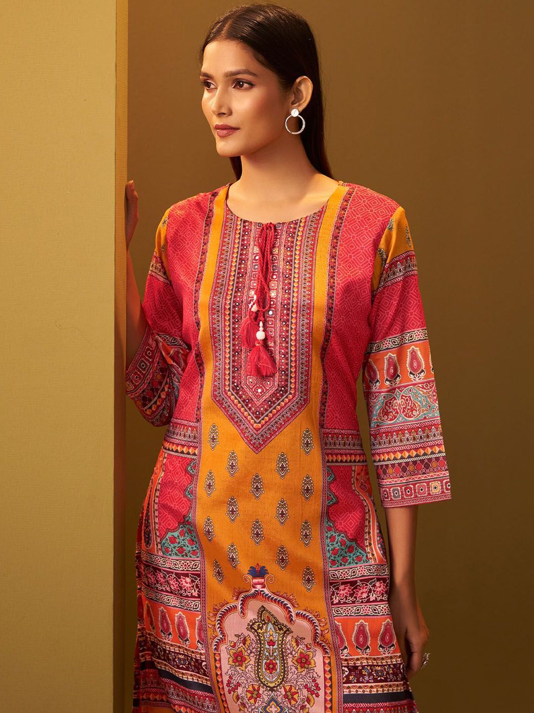 Ethnic Motifs Printed Thread Work Straight Kurta With Trousers & Dupatta