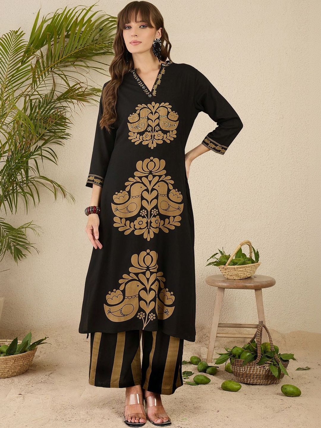 Women Ethnic Motifs Printed Regular Thread Work Kurta with Palazzos