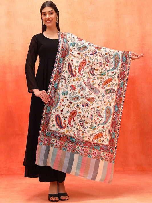 Dhiyona PA Naqqashi Pure Wool Kalamkari Paisley Embroidered Shawl