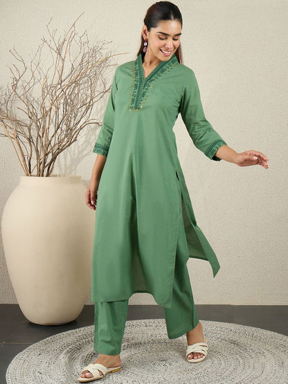 Ethnic Motifs Embroidered Thread Work Pure Cotton Kurta With Trousers