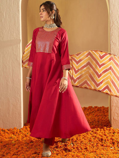 Chevron Embroidered Sequinned Liva A-Line Kurta With Trousers & With Dupatta