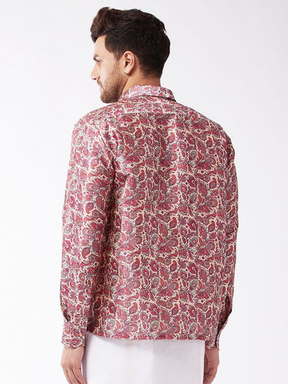 Men's MulticolorBasePink Silk Blend Straight Shirt And Mundu