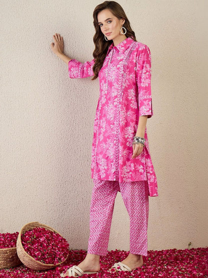 Women Floral Printed Regular Pure Cotton Kurta with Trousers