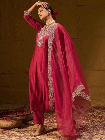 Dhiyona IE Maroon Ethnic Motifs Embroidered Sequinned Liva Kurta with Trouser & Dupatta