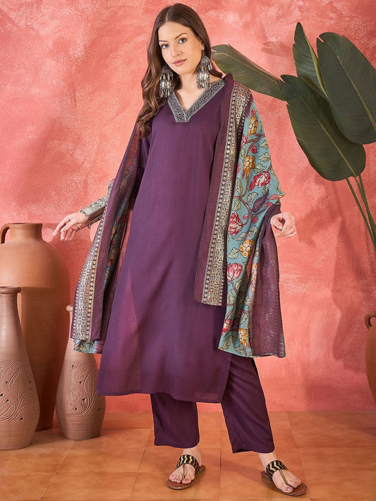 Dhiyona SN Women's Embroidered V-Neck Straight Kurta With Trousers & Dupatta
