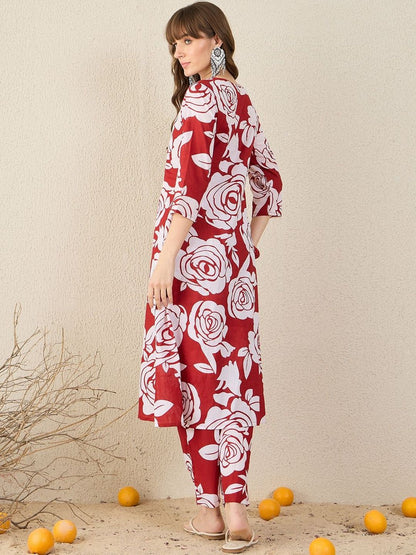 Floral Printed Pleated Mandarin Collar Pure Cotton A-Line Kurta with Trousers