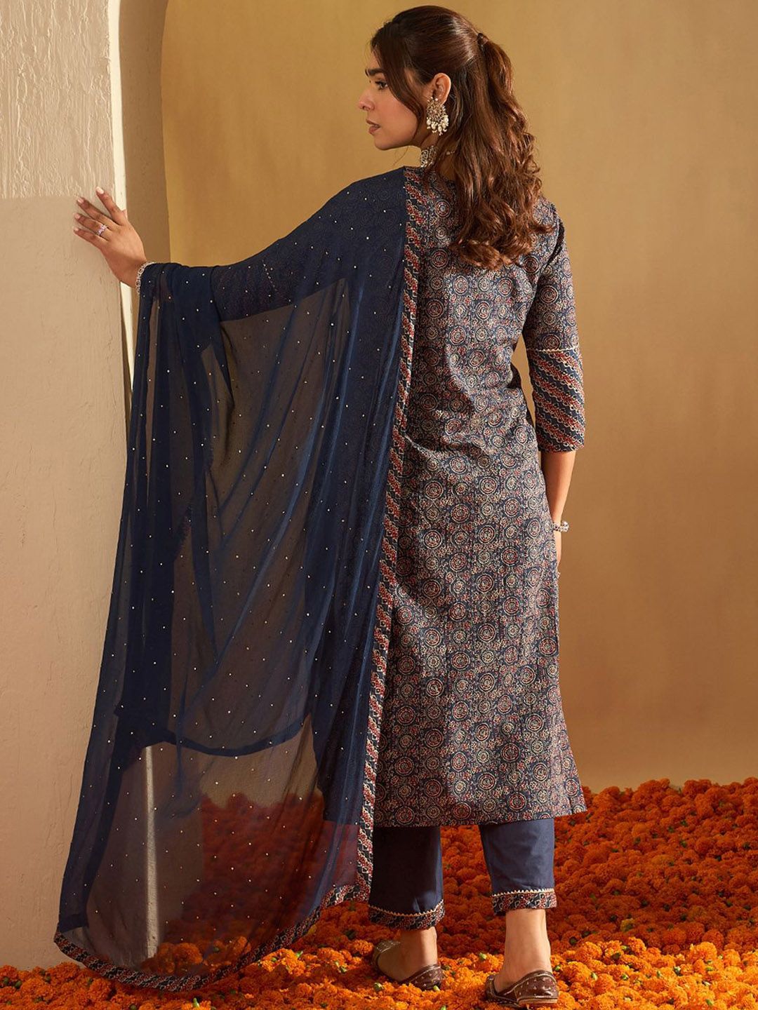 Ethnic Motifs Printed Pure Cotton Straight Kurta With Trousers & Dupatta
