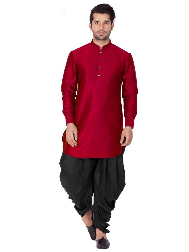 Men's Maroon Silk Blend Pathani Kurta and Dhoti Set