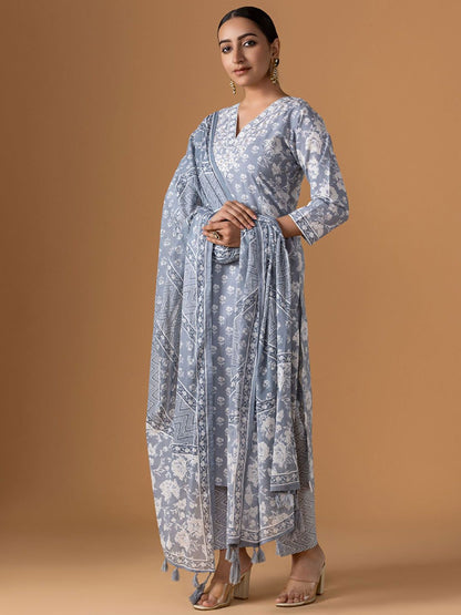 Dhiyona WP Women Floral Printed Cotton Kurta with Trousers & Dupatta