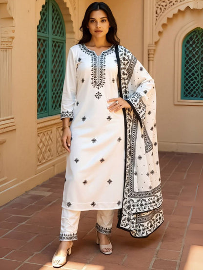 Women Embroidered Sequinned Pure Cotton Kurta with Trousers & Dupatta Kurta Sets