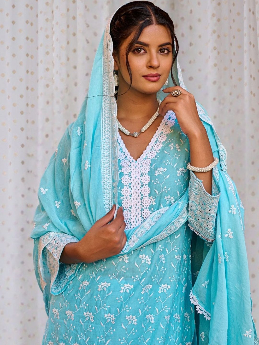 Women Ethnic Motifs Embroidered Regular Chikankari Pure Cotton Kurta with Trousers & With Dupatta