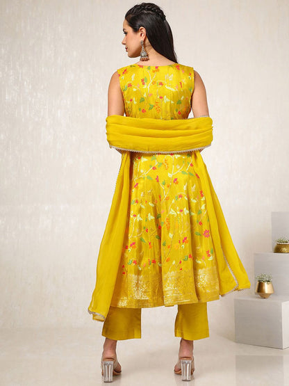 Dhiyona SO Women's Floral Woven Design Round Neck Panelled Beads Work Organza Kurta & Trouser & Dupatta