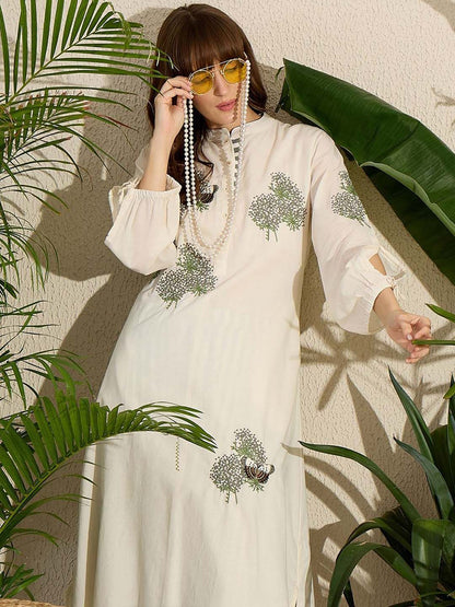Dhiyona IE Floral Embroidered Mandarin Collar Straight Pure Cotton Tunic With Trouser