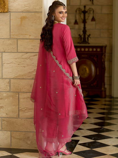 Embroidered Notch A-Line Kurta With Trousers & Dupatta