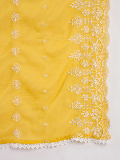 Floral Embroidered Thread Work Pure Cotton Kurta With Trousers & Dupatta