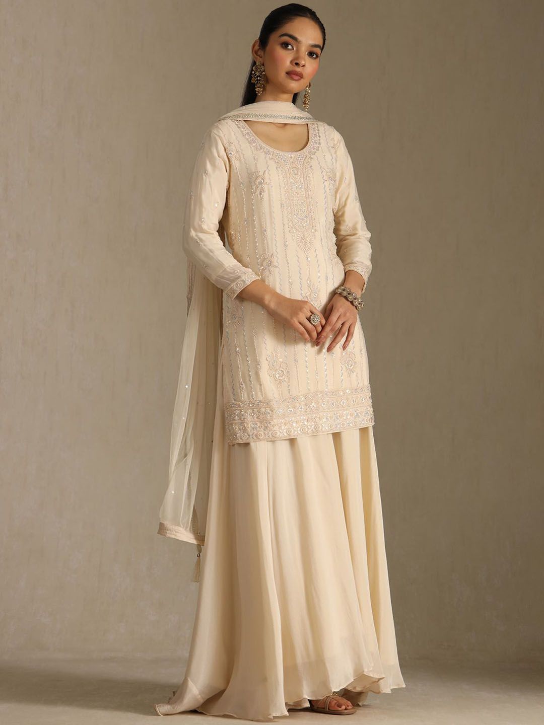 Dhiyona SO Women's Ethnic Motifs Embroidered Beads And Stones Straight Kurti With Palazzos & Dupatta
