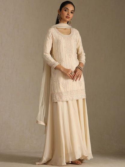 Dhiyona SO Women's Ethnic Motifs Embroidered Beads And Stones Straight Kurti With Palazzos & Dupatta