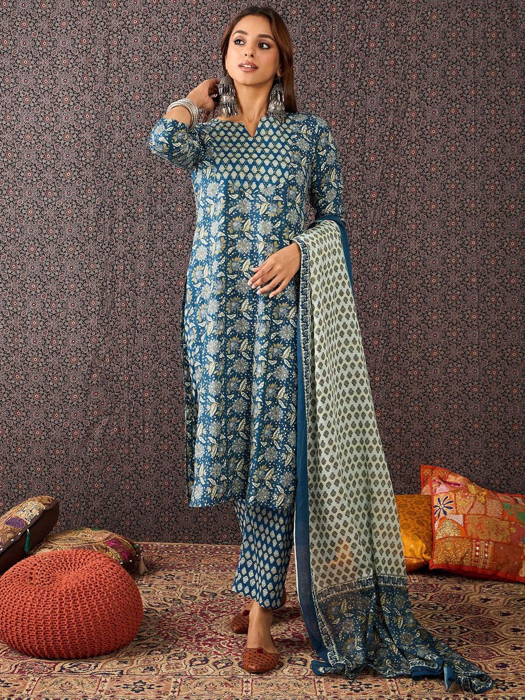 Floral Printed Pure Cotton Straight Kurta Trousers With Dupatta